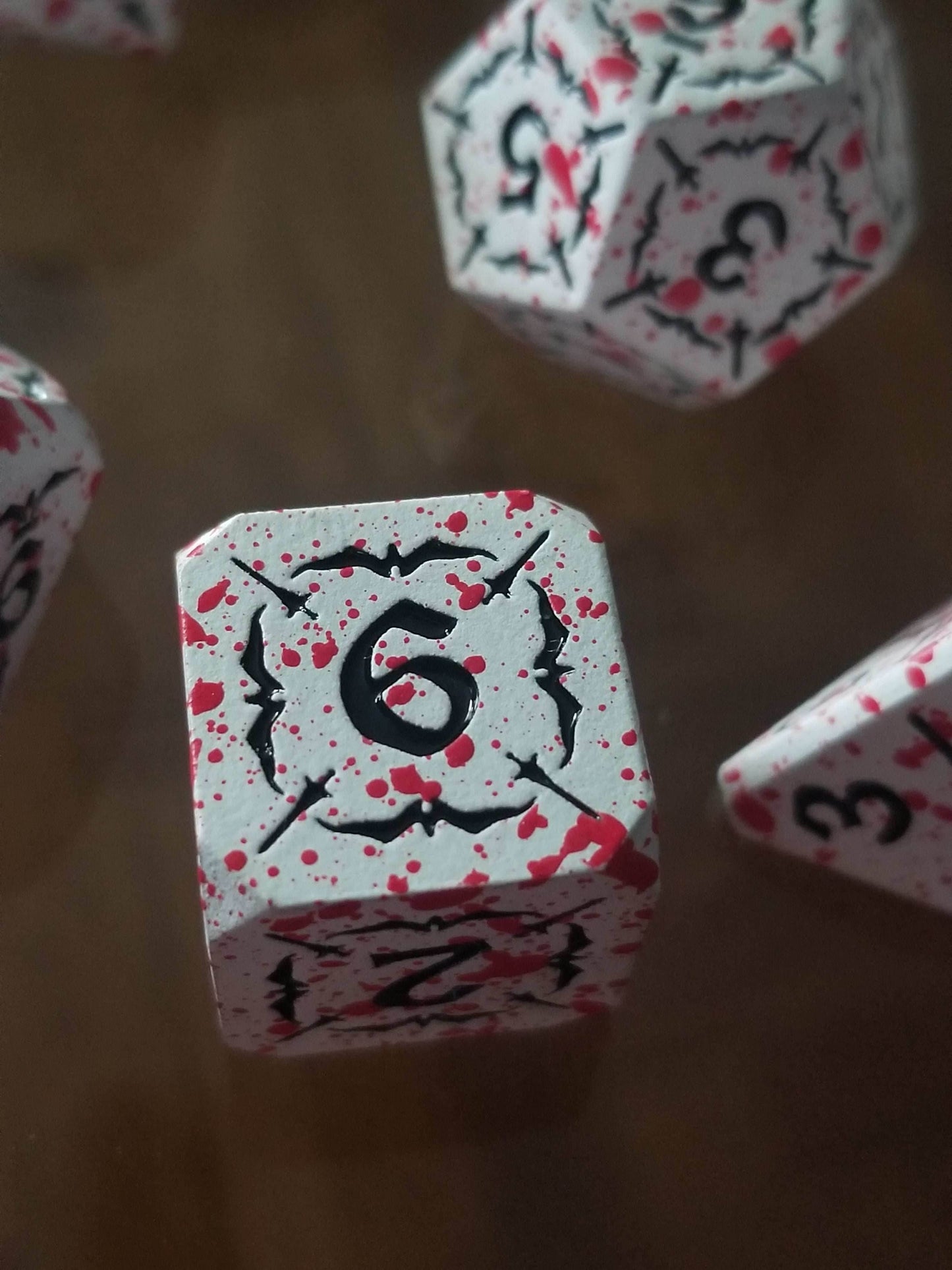 Battle Hardened Dice: White metal dice w/Black numbering and Red Splatter 7- Dice Set Rpg - 
