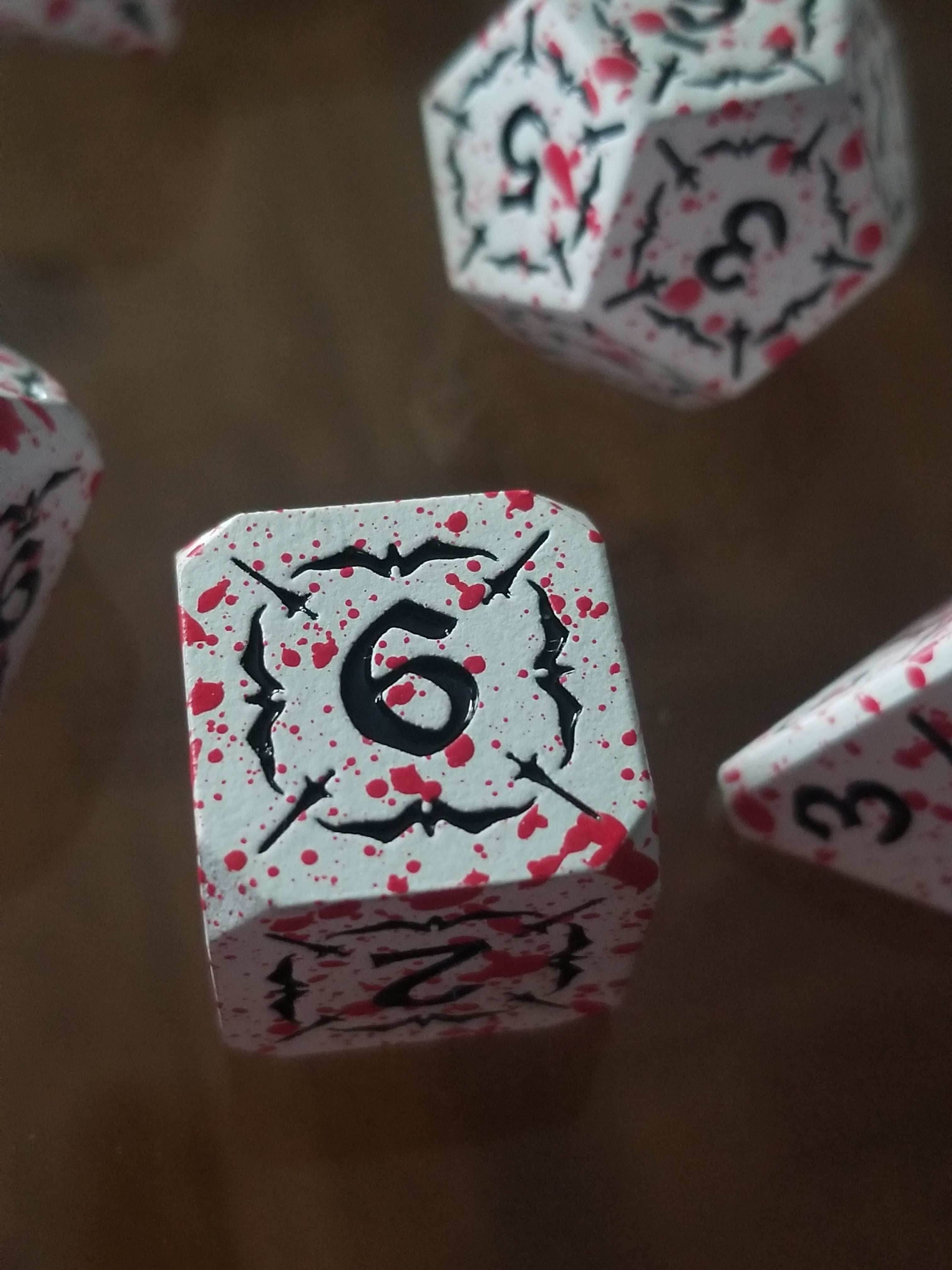 Battle Hardened Dice: White metal dice w/Black numbering and Red Splatter 7- Dice Set Rpg - 