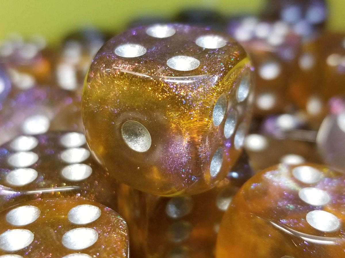 Grey & Orange 16mm Glitter Pipped Dice - 