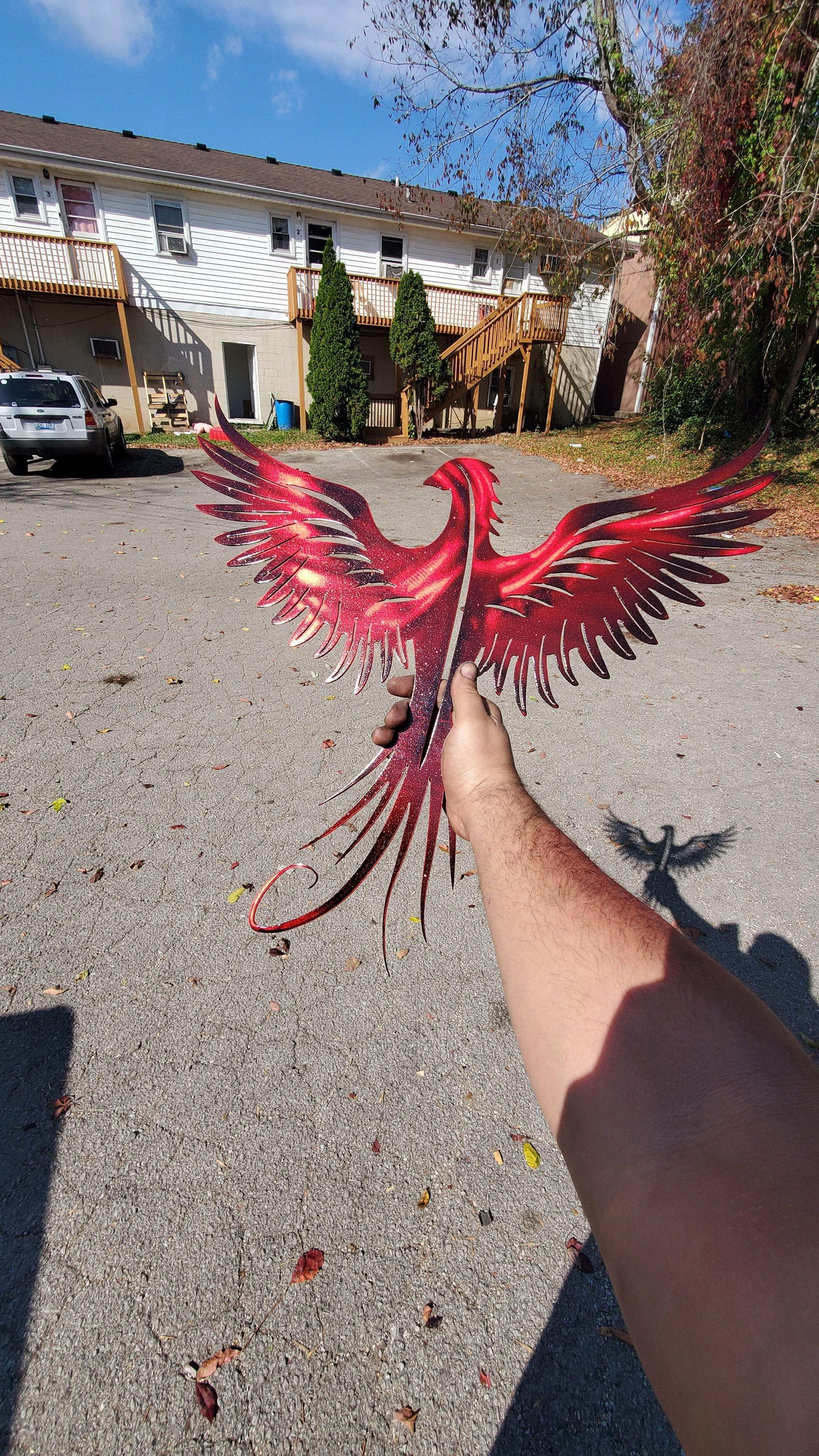 Phoenix Metal Wall Art – 23x23 Inch Plasma Cut Steel Wall Decor with Translucent Blue or Red Powder Coat – Sun Catching Home Accent
