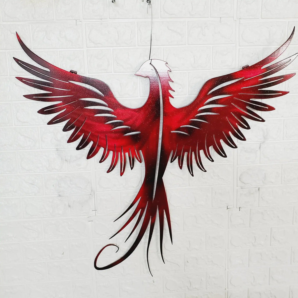 Phoenix Metal Wall Art – 23x23 Inch Plasma Cut Steel Wall Decor with Translucent Blue or Red Powder Coat – Sun Catching Home Accent