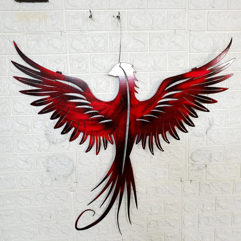 Phoenix Metal Wall Art – 23x23 Inch Plasma Cut Steel Wall Decor with Translucent Blue or Red Powder Coat – Sun Catching Home Accent