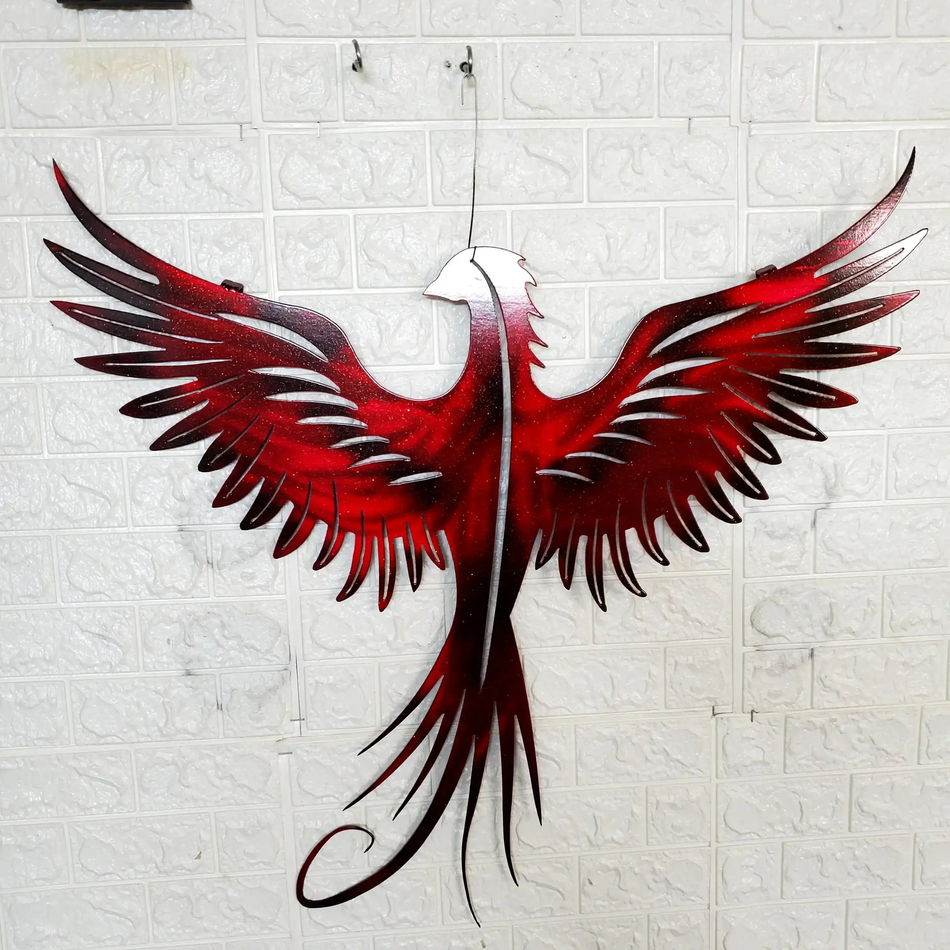 Phoenix Metal Wall Art – 23x23 Inch Plasma Cut Steel Wall Decor with Translucent Blue or Red Powder Coat – Sun Catching Home Accent