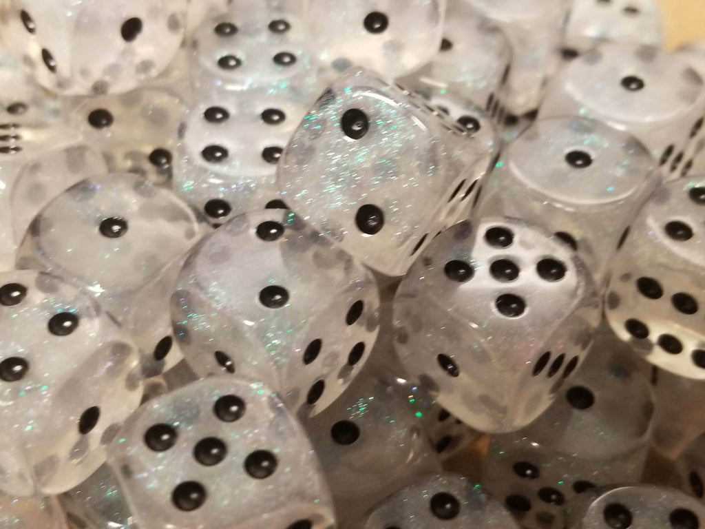 The Time Walker | Clear Glitter 16mm d6 Dice w/Black - 12-Pack