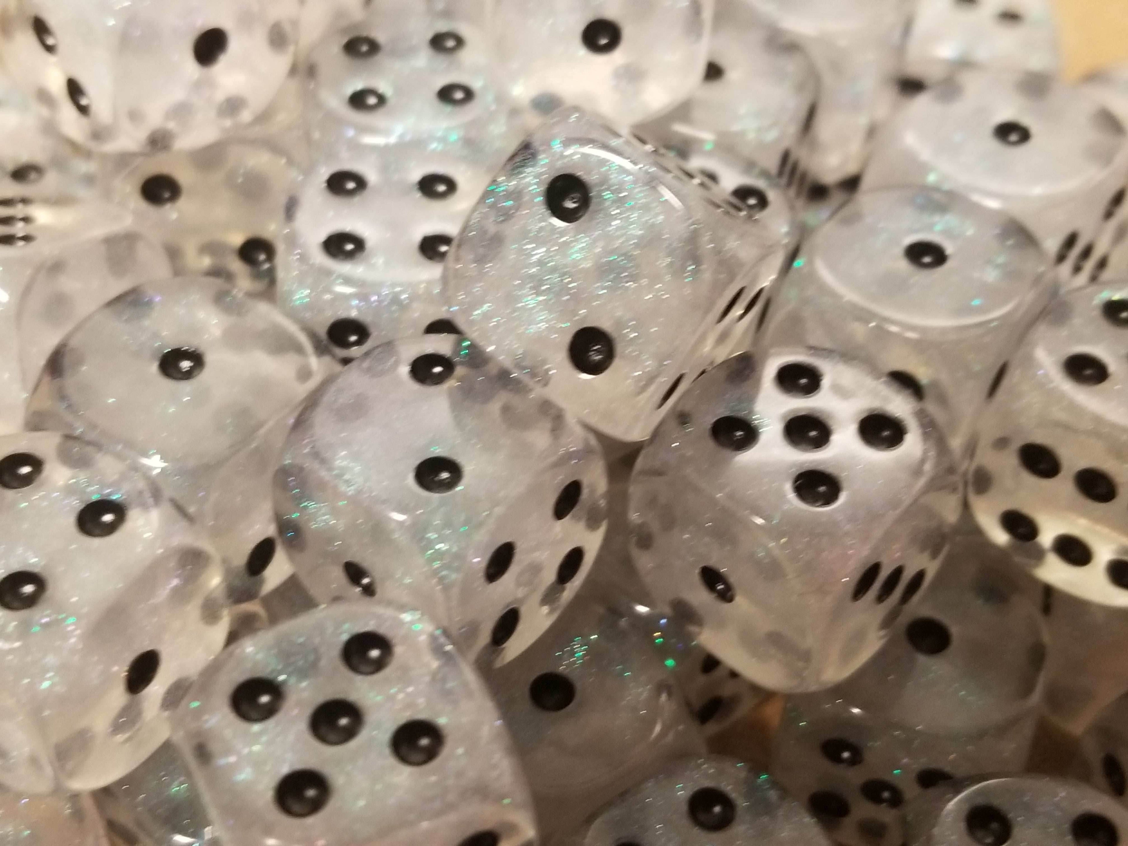 The Time Walker | Clear Glitter 16mm d6 Dice w/Black - 12-Pack