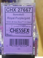 CHX 27667 16mm Block Borealis Royal Purple w/ Gold Numbers Dice Set Chessex - 