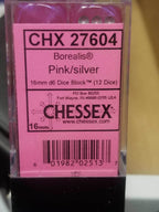 CHX 27604 16mm Block Borealis Pink w/ Silver Pips Dice Set Chessex - 