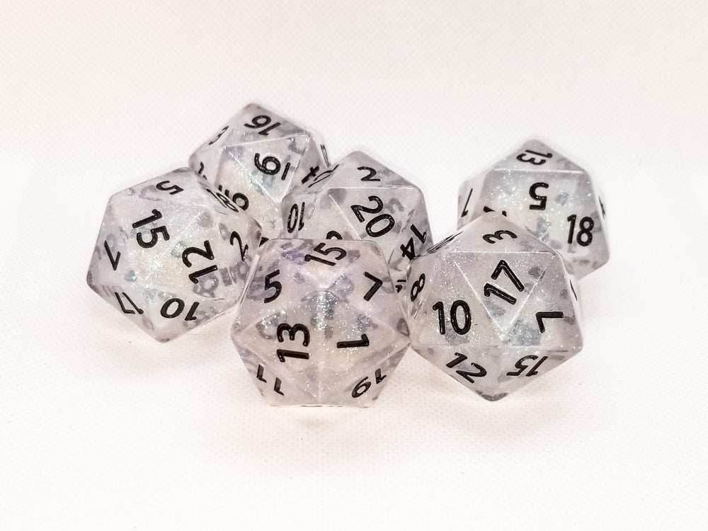 The Time Walker | Clear Glitter 34mm d20 CHONK RPG Dice Set w/Black - 