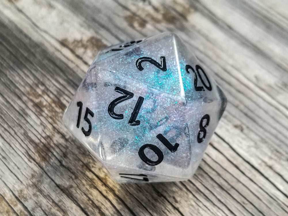 The Time Walker | Clear Glitter 34mm d20 CHONK RPG Dice Set w/Black - 