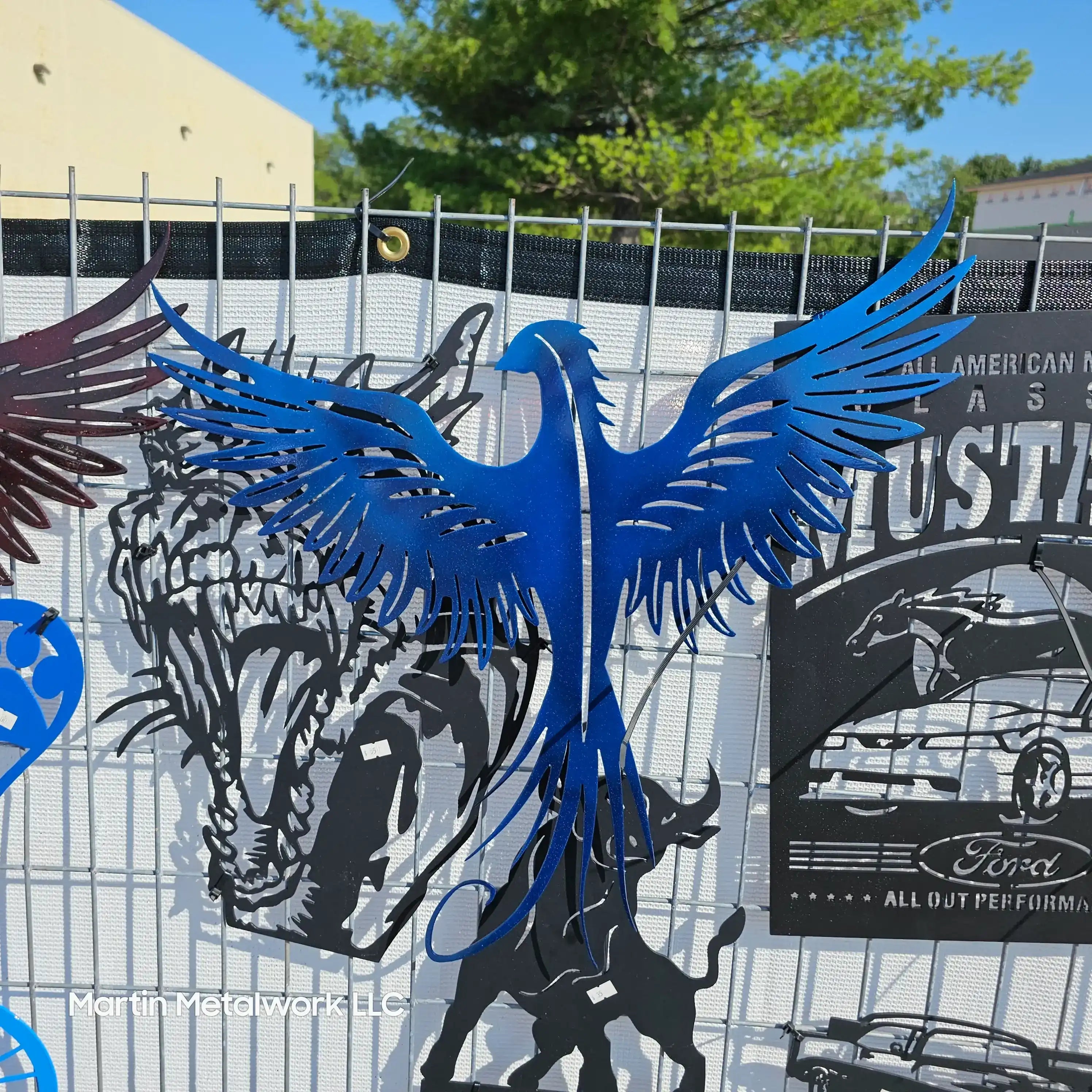 Phoenix Metal Wall Art – 23x23 Inch Plasma Cut Steel Wall Decor with Translucent Blue or Red Powder Coat – Sun Catching Home Accent
