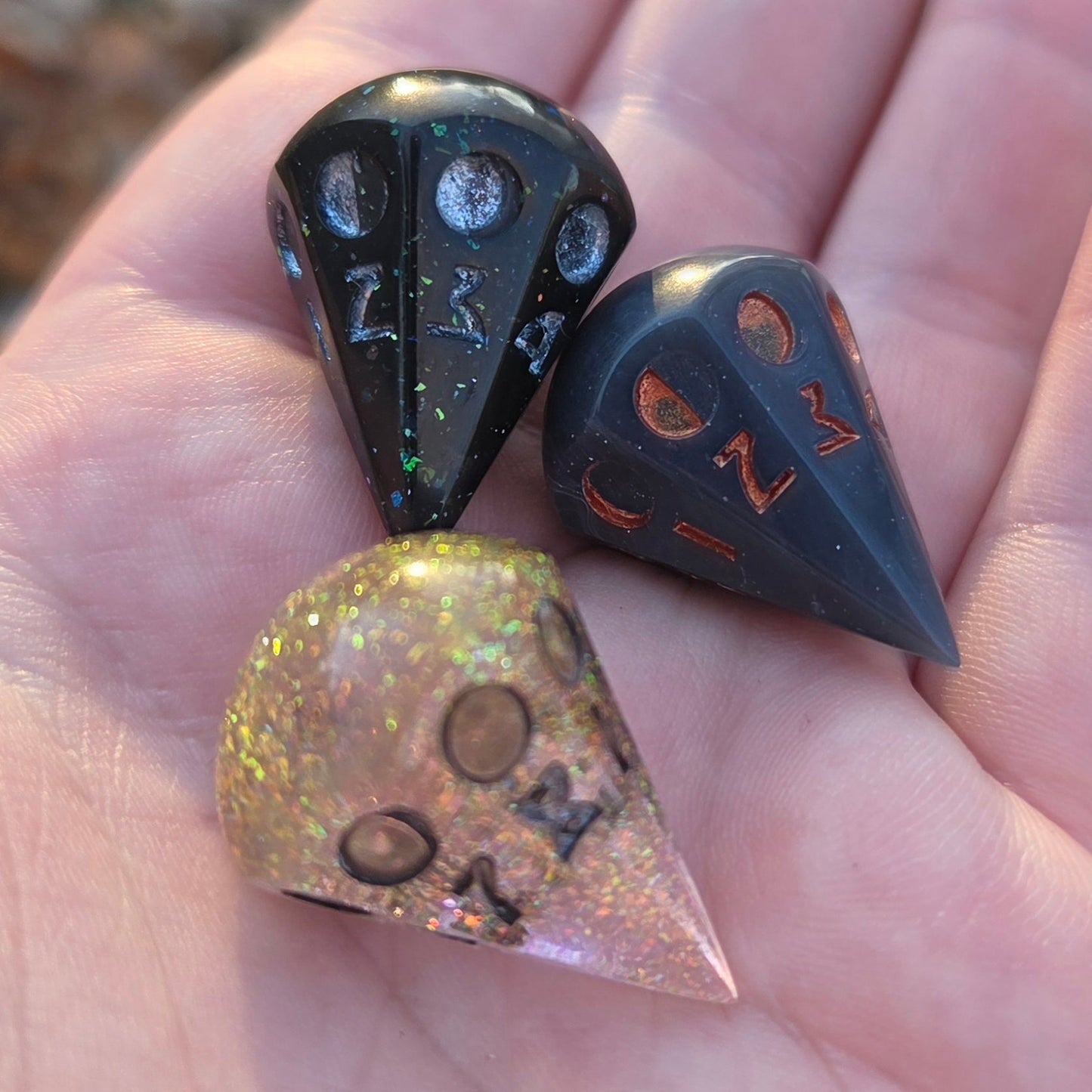 'It's Just a Phase' Moon Phase D8 Alternative Shaped Orb TTRPG Handmade Resin Polyhedral Gaming Dice