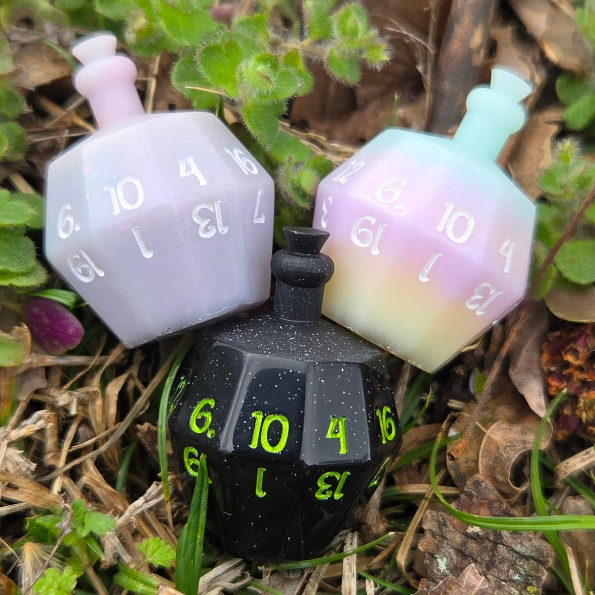 Individual Potion Bottle Alternative Shaped Functional TTRPG Handmade Resin D20 Gaming Dice Glow in the Dark