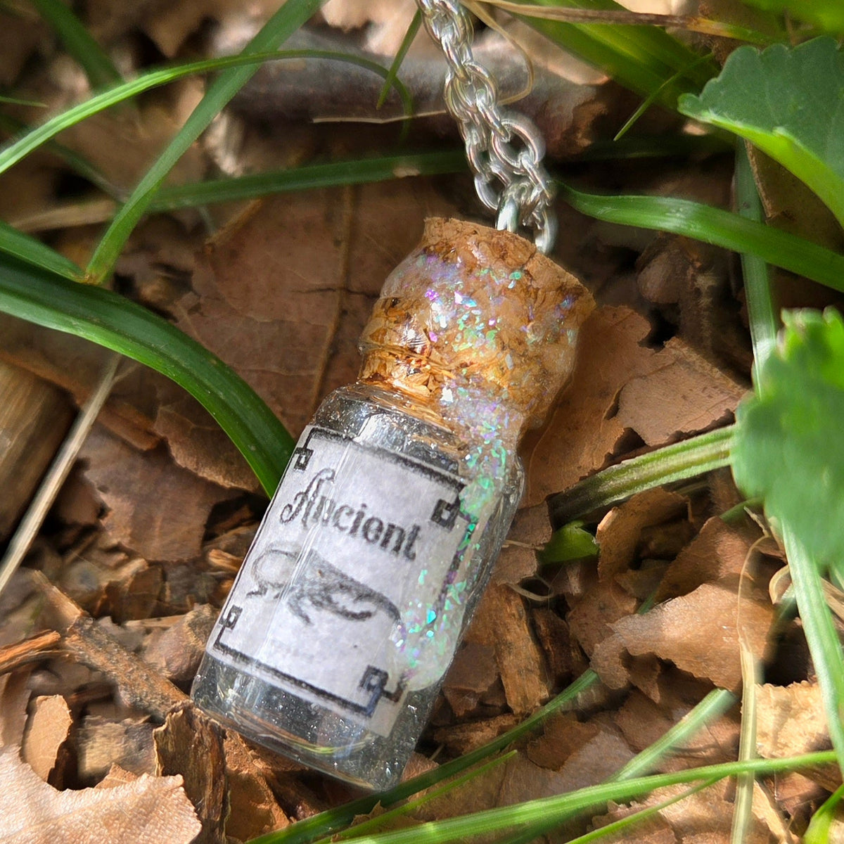 'Ancient Beetle' Individual Handmade Black Glittery Mini Liquid Potion Bottle Necklaces