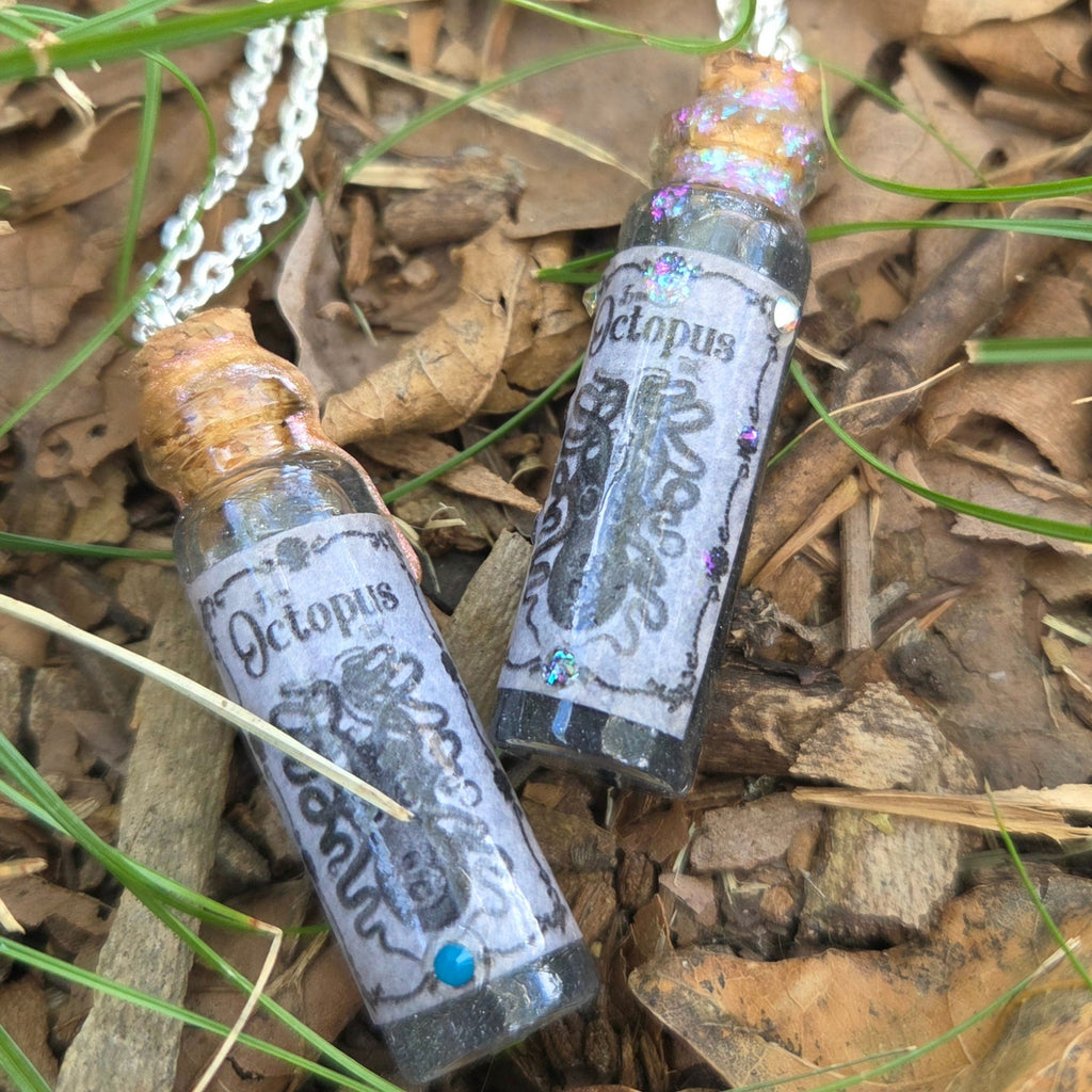 'Octopus Ink' Individual Handmade Colorshifting Black Liquid Potion Bottle Necklaces with Swarovski Crystals
