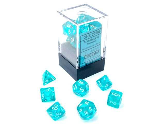Translucent Mini-Polyhedral Teal/white 7-Die Set (Mini Poly Release 1) - 