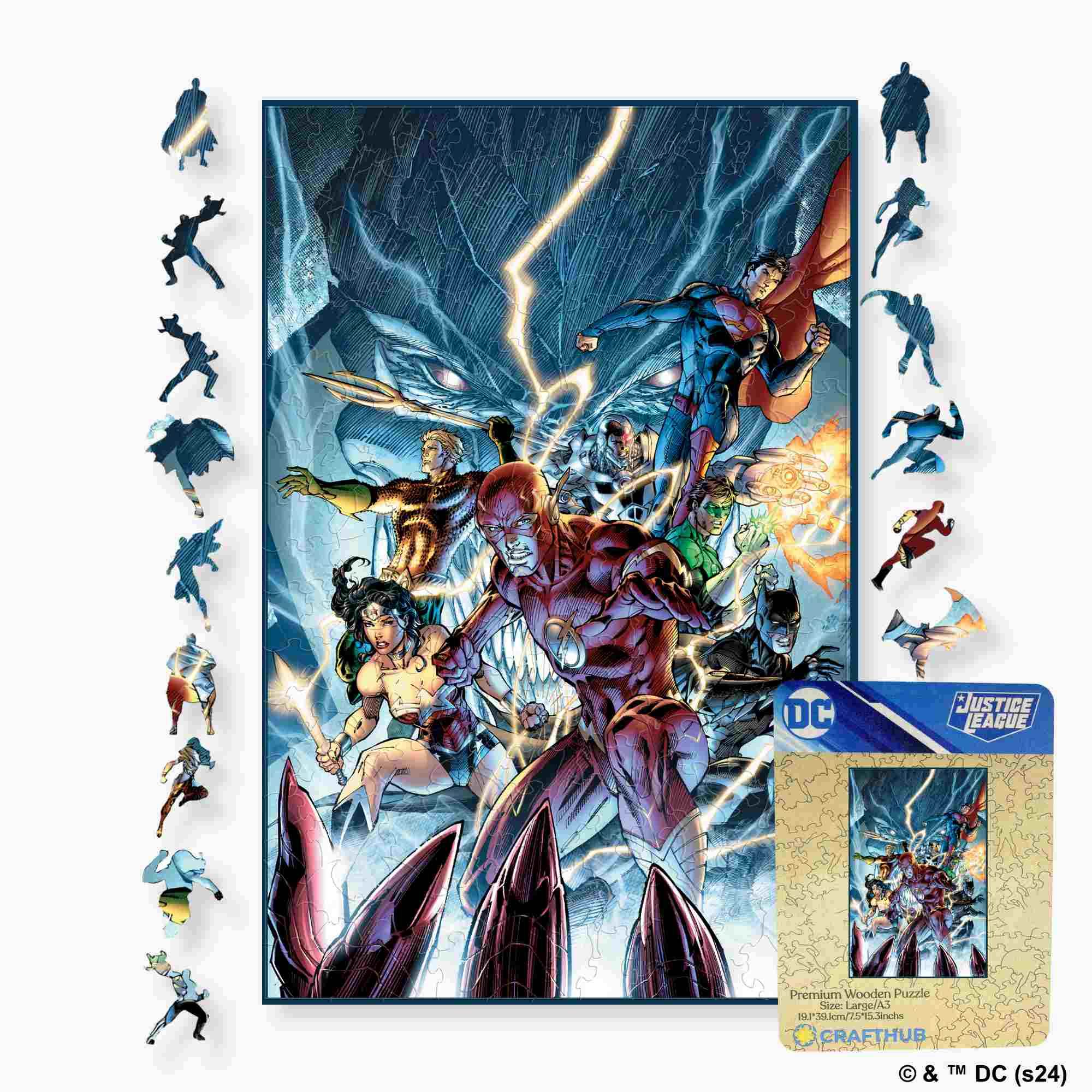 Justice League Superheroes Unite Wooden Jigsaw Puzzle - A4 + Wooden Gift Box