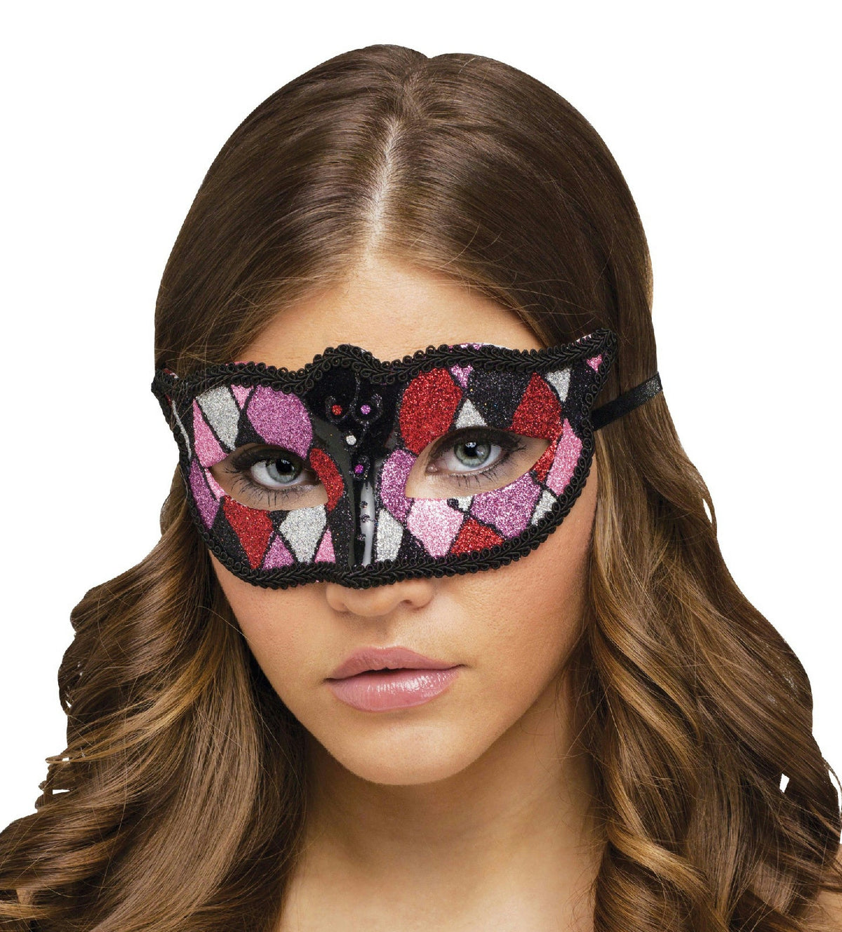 Shimmering Glitter Harlequin Black Pink Purple Diamond Shape Mardi Gras Eye Mask