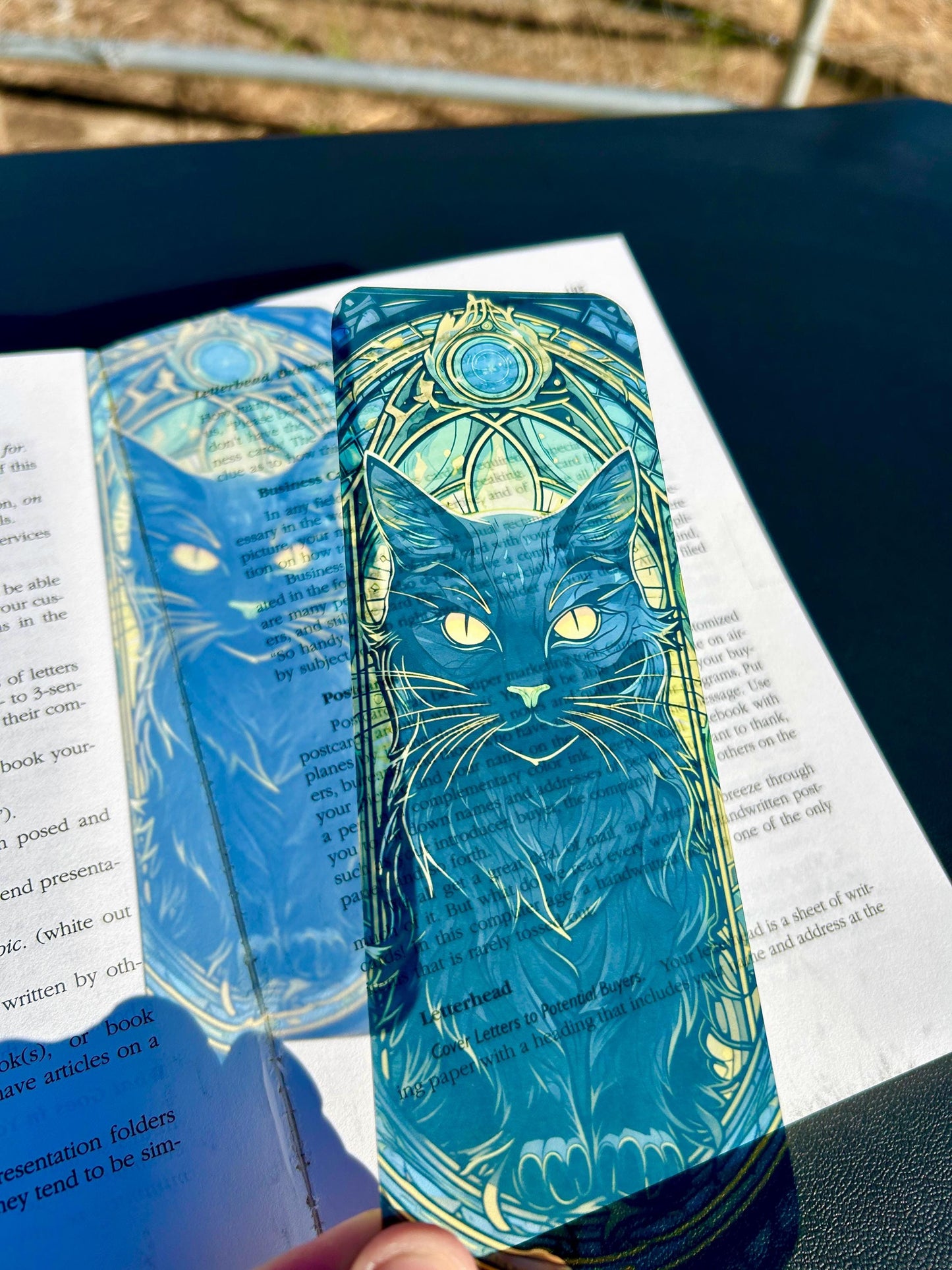 Black Cat Bookmark, Mystic Feline Art, Gothic Stained Glass, Glowing Eyes, Witchy Gift for Book Lovers