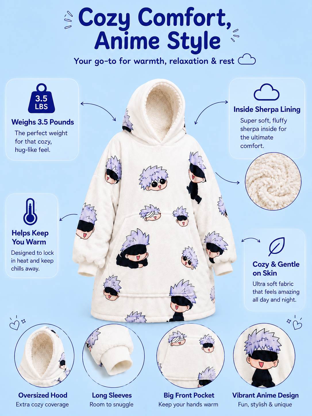 Jujutsu Kaisen Gojo Wearable Blanket Hoodie for Adults & Kids | OLM Toys