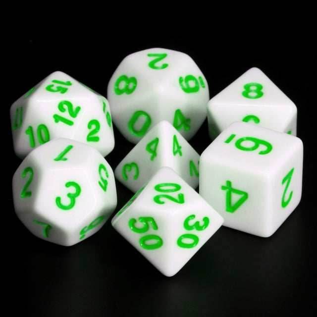 White Opaque with Green Numbering 7-Dice Set RPG - 