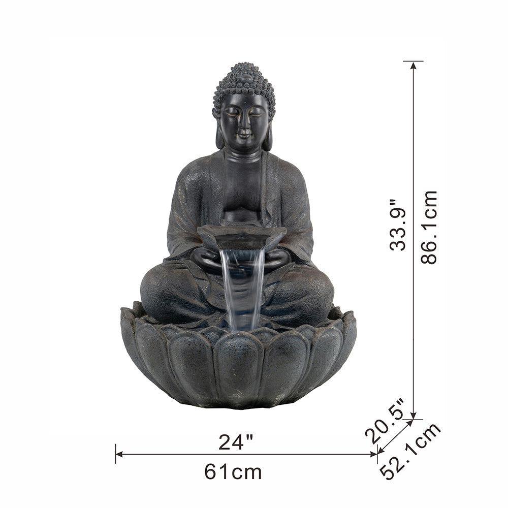 24x20.5x34" Dark Gray Buddha Statue Water Fountain, Indoor Outdoor Polyresin Fountain with Light