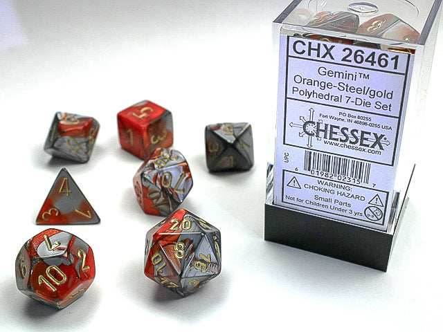 Gemini® Polyhedral Orange-Steel/gold 7-Die Set RPG DND OOP - 