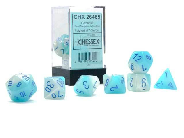 Gemini® Polyhedral Pearl Turquoise-White/blue Luminary™ 7-Die Set /16mm/12mm - 7-Dice