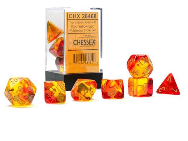Gemini® Polyhedral Translucent Red-Yellow/gold 7-Die Set /16mm/12mm - 7-Dice