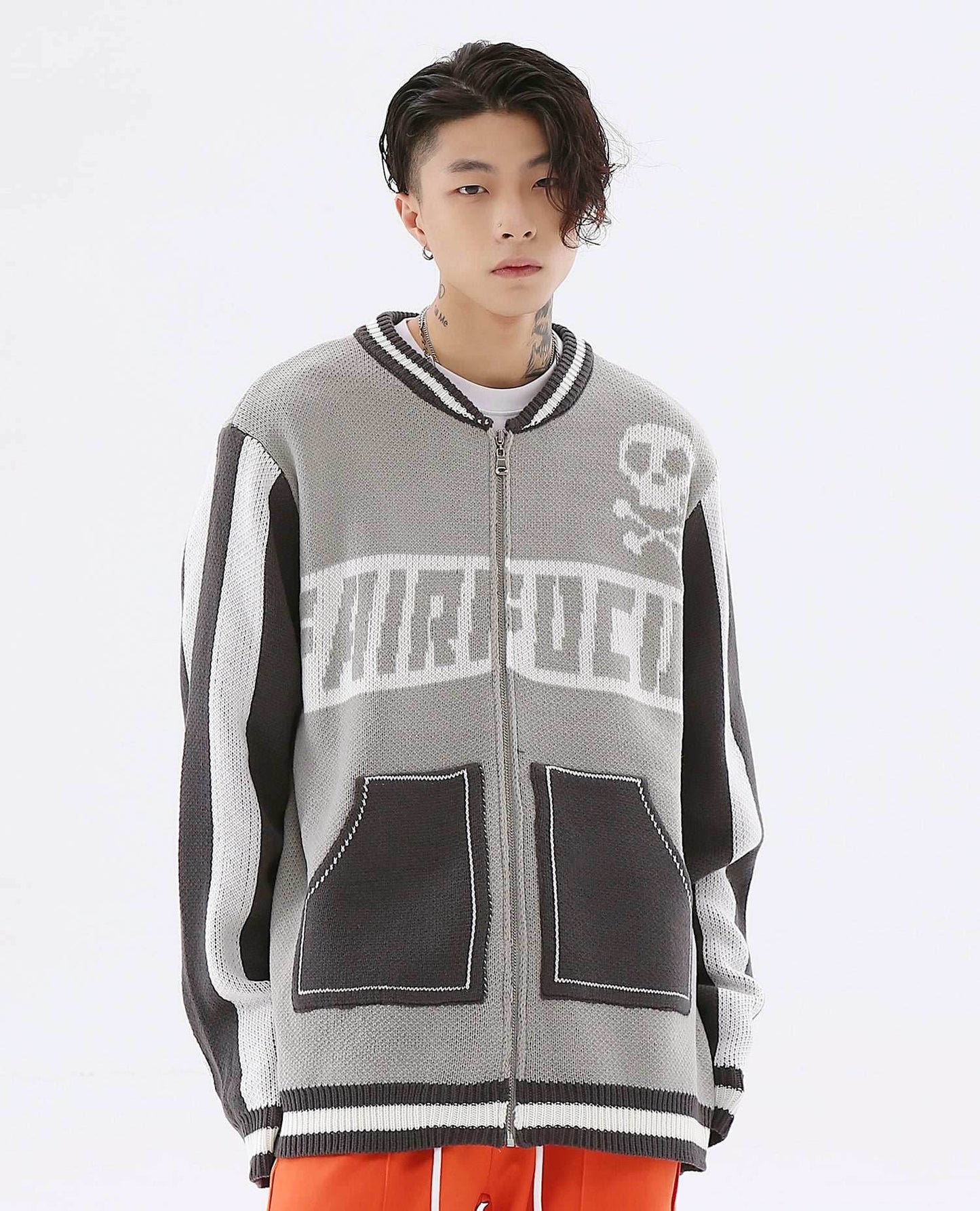 Easy Skull Knit Bomber Jacket - Grey / M