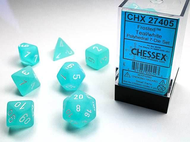 Chessex Polyhedral 7 Die Frosted Teal w/ White Numbers Set Of 7 Dice CHX 27405 - 