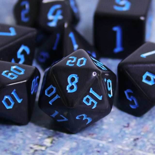 Economy Black Dice (Blue font) 7-Dice Set RPG DND - 