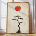 Minimalist Bonsai & Rising Sun – Japanese Zen-Inspired Wall Art