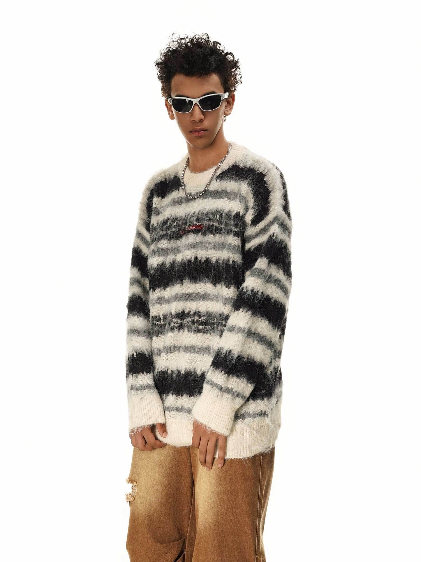 Cream and Black Striped Knit Sweater - S