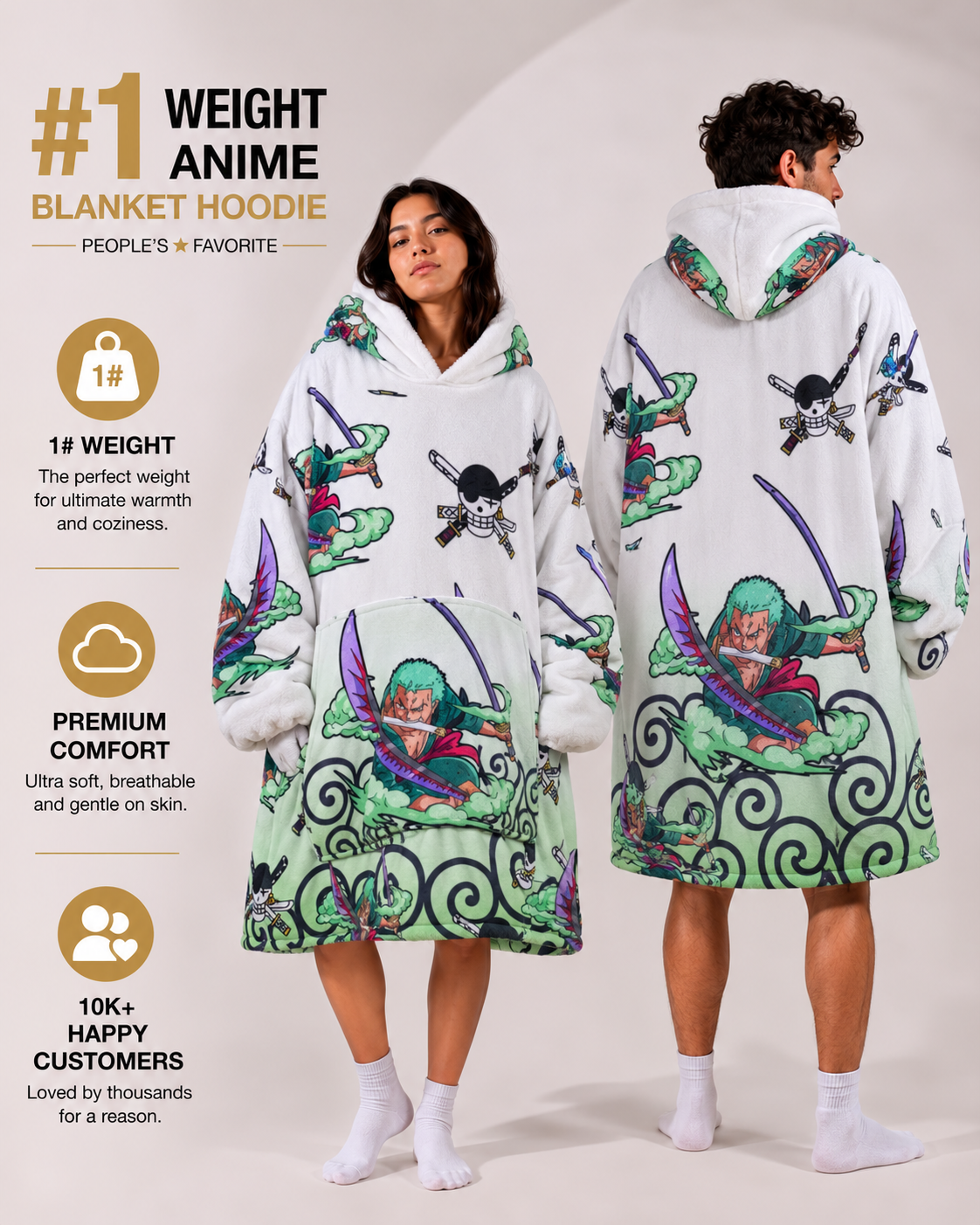 Zoro One Piece Wearable Blanket Hoodie for Kids & Adults | OLM Toys