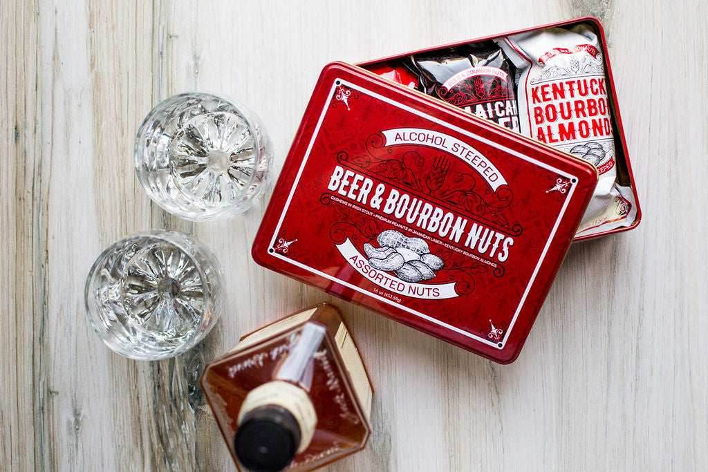 Beer & Bourbon Liquor Nuts Men's Gift Tin – Alcohol-Free Gourmet Nuts - 