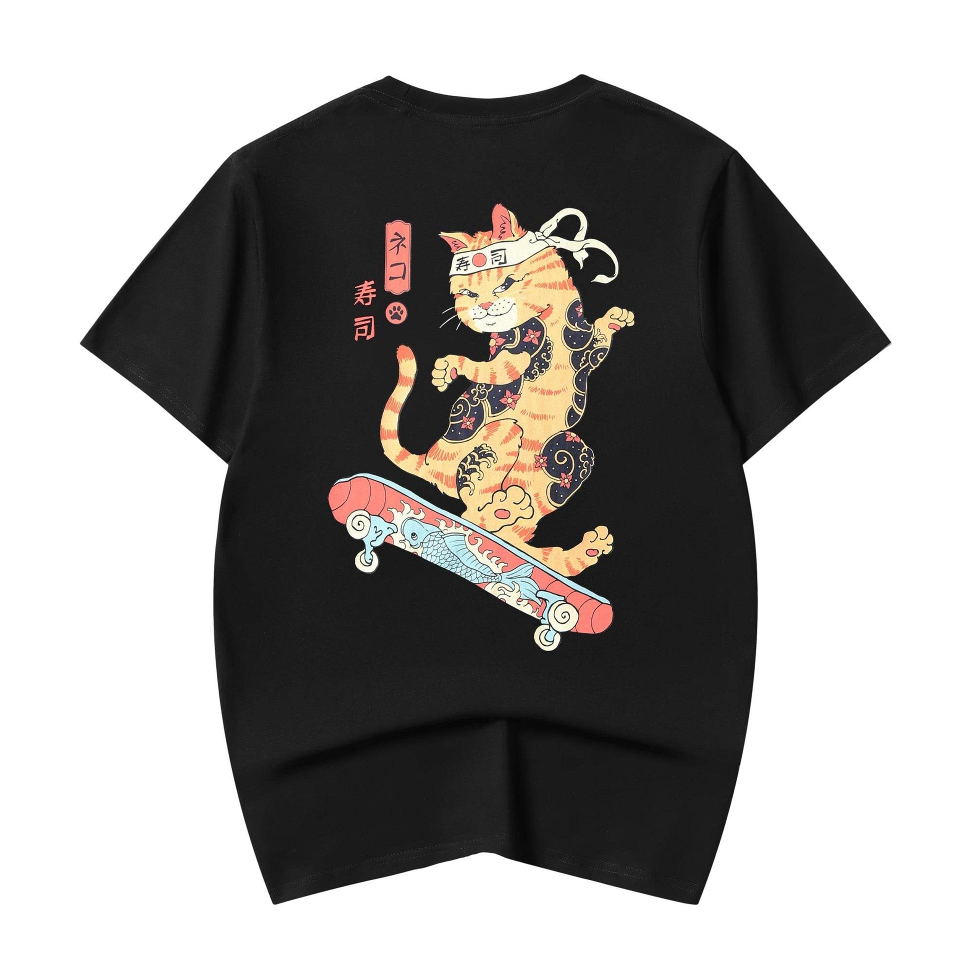 YeT019 Neko Skateboarding Cat Tee - Black / S