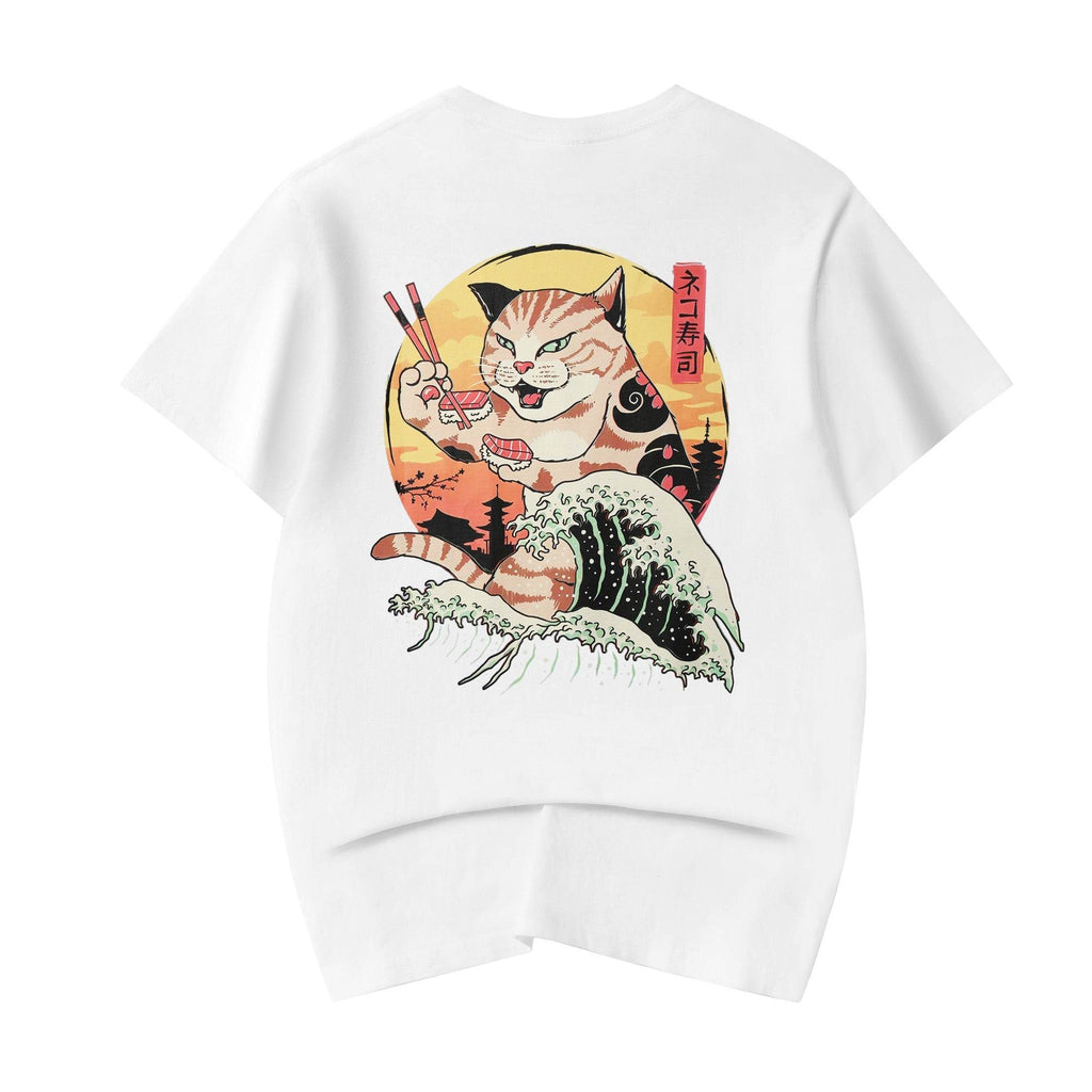 YeT013 Sushi Eating Cat Tee - White / S