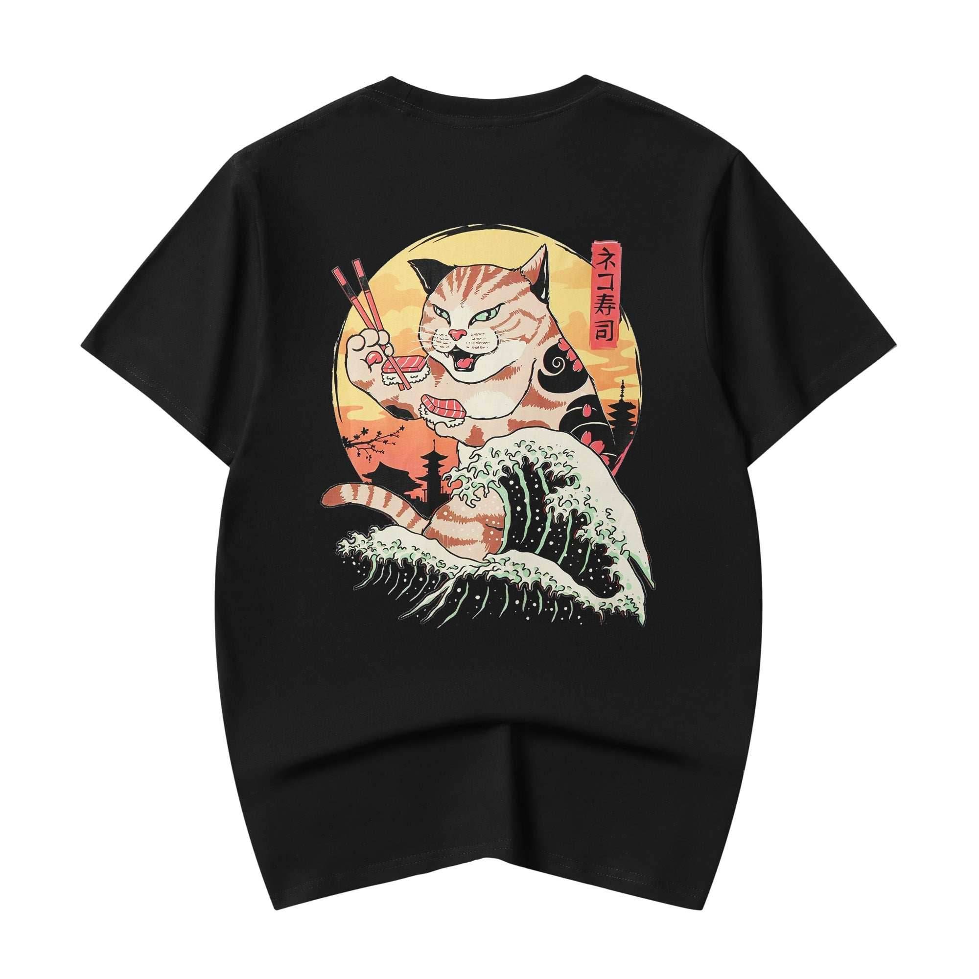 YeT013 Sushi Eating Cat Tee - Black / S