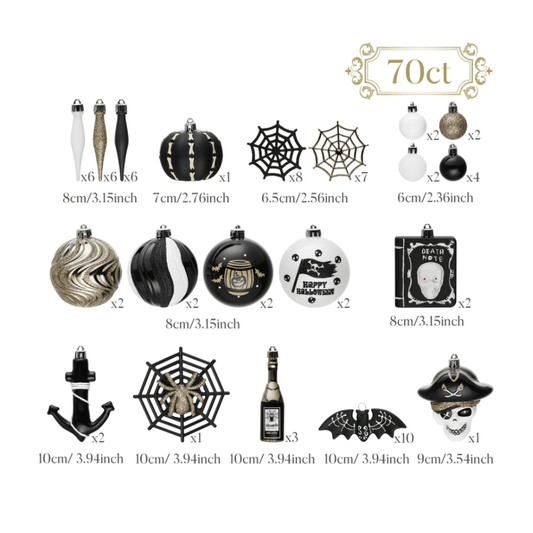 Halloween Christmas Tree Ornaments Set, 70-Piece Black & White Gothic Ornaments - 