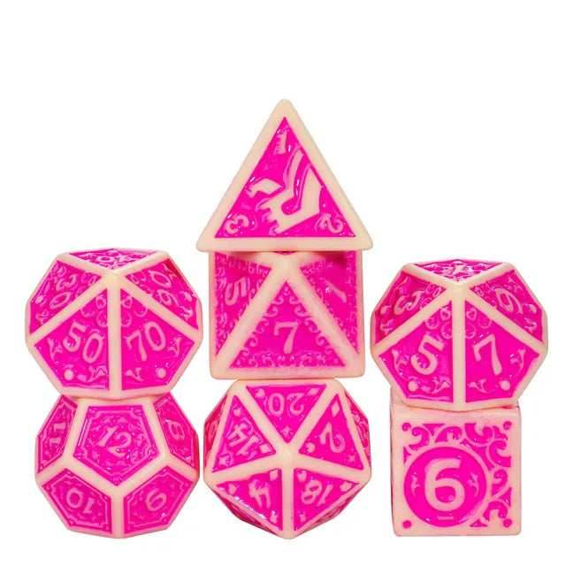 Off-White with Pink Irregular Pattern Fill: 7-Piece Acrylic Dice Set - 