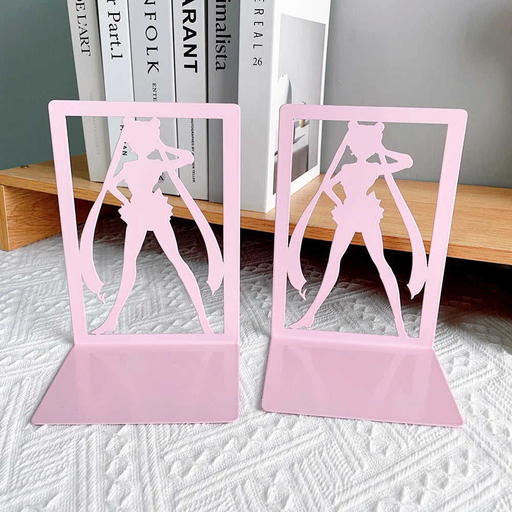 2pcs Beautiful Sailor Moon Pink Bookends Anime Cartoon Fan Series Heavy Duty Home Bookcase Non-Slip Desktop Office Supplies