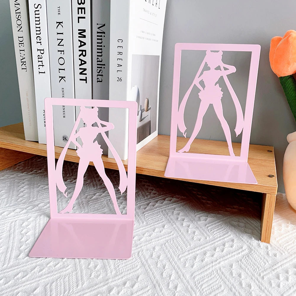 2pcs Beautiful Sailor Moon Pink Bookends Anime Cartoon Fan Series Heavy Duty Home Bookcase Non-Slip Desktop Office Supplies