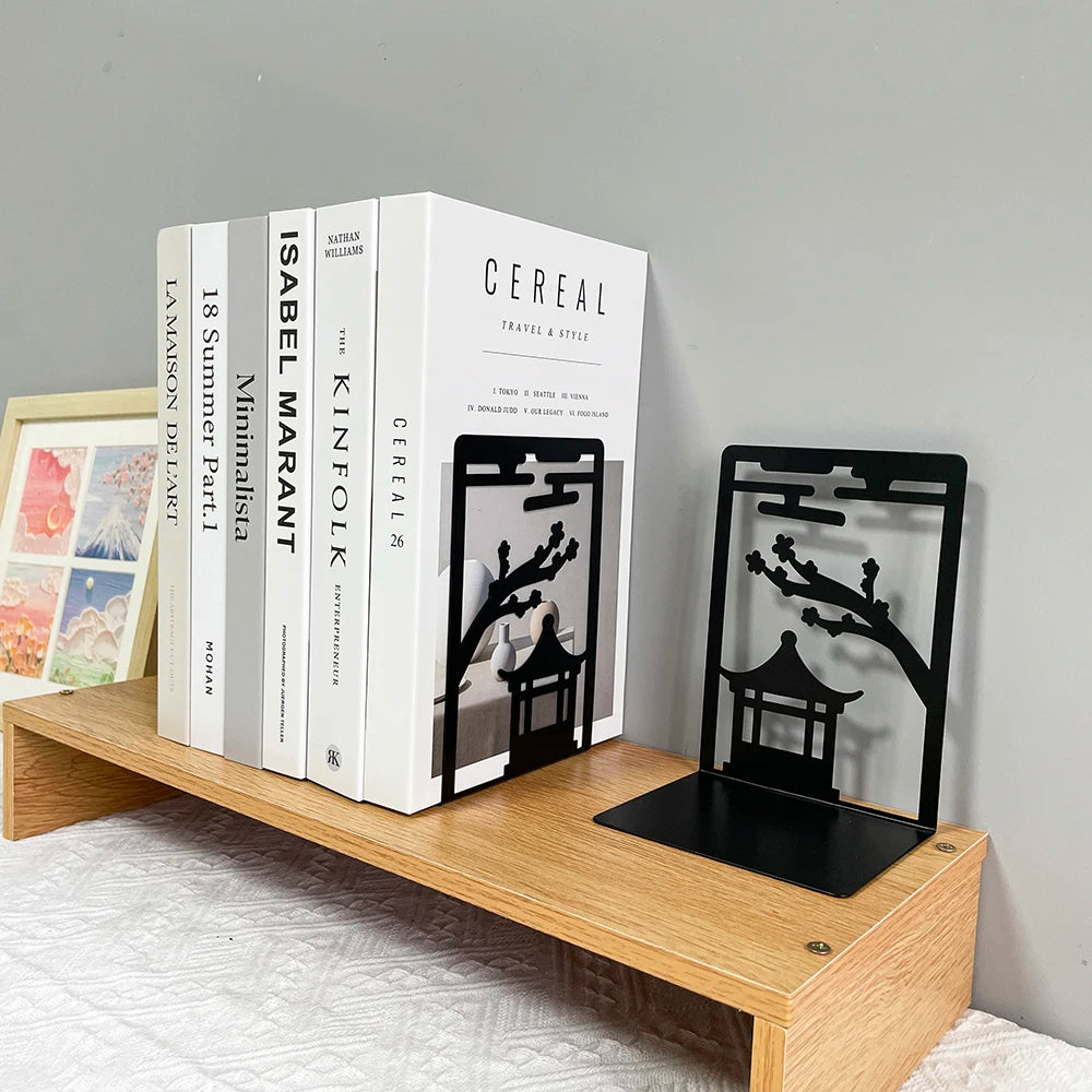 2pcs Chinese Style Gazebo Book End Metal Heavy Duty Bookends for Book Lovers Organising Desktop Home Office Iron Bookends