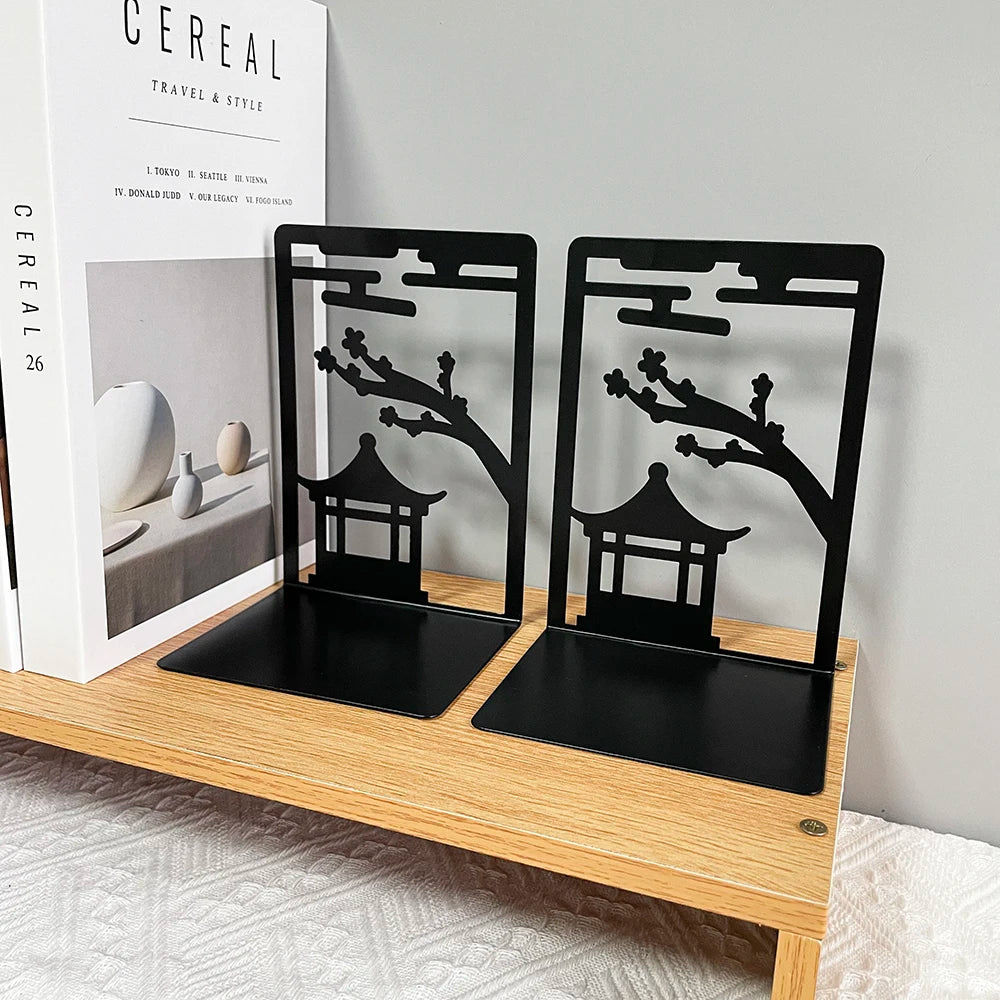 2pcs Chinese Style Gazebo Book End Metal Heavy Duty Bookends for Book Lovers Organising Desktop Home Office Iron Bookends