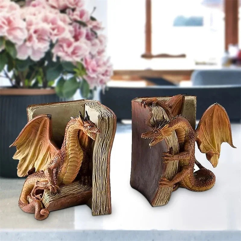 2pcs Resin Dragon Sculpture Bookend Art Crafts Desktop Book Stopper Accessories for Study Room Home Office Ornament Cute Gift