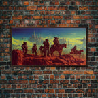 Space Cowboys, Wildwest Scifi Mashup Fantasy Art, framed canvas print, ready to hang framed wall art - 10x20 Inches / Walnut Frame