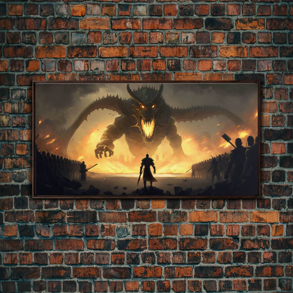 Warrior Facing Down a Dragon, Framed Canvas Print, Unique Fantasy Wall Art, In The Time of Dragons - 10x20 Inches / Walnut Frame