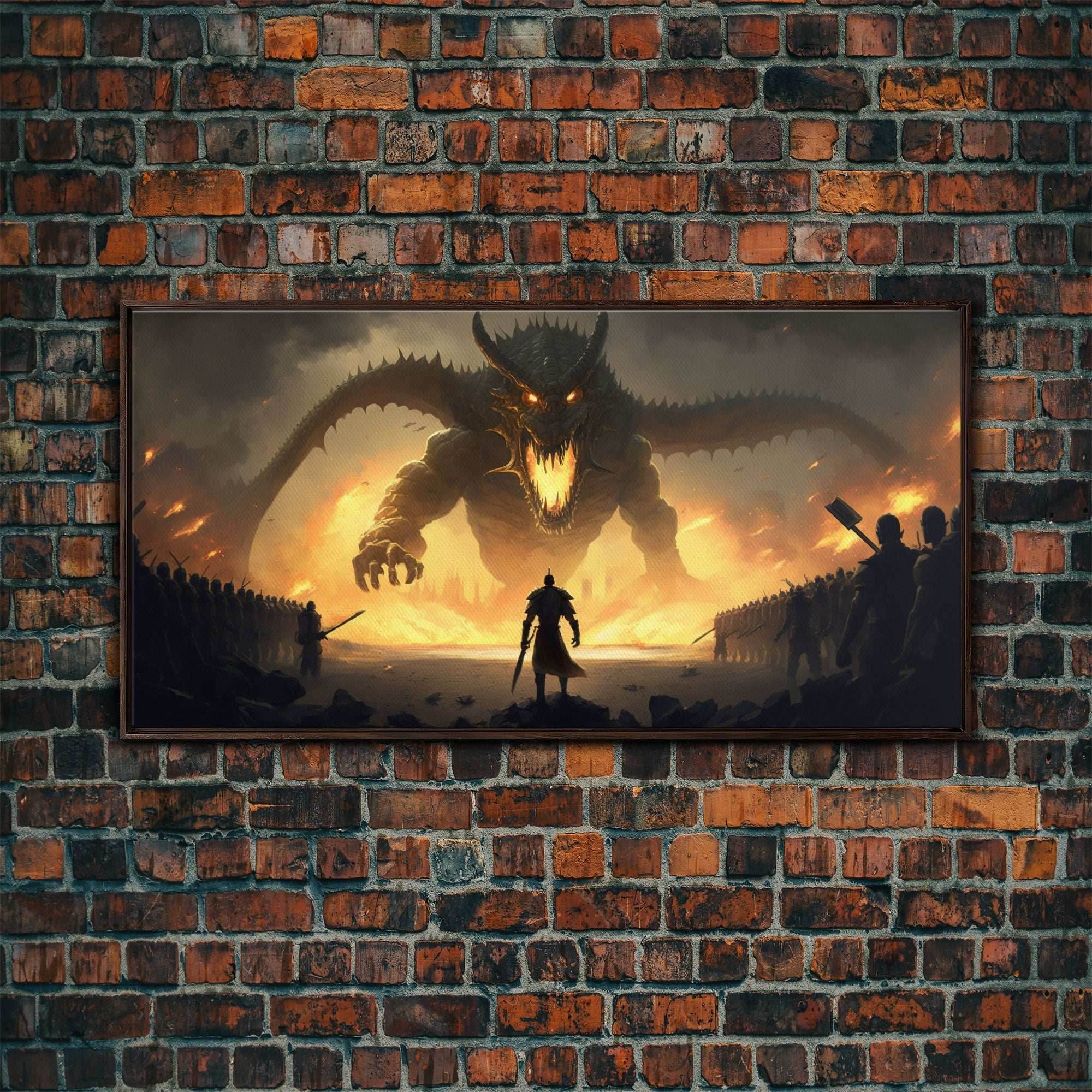Warrior Facing Down a Dragon, Framed Canvas Print, Unique Fantasy Wall Art, In The Time of Dragons - 10x20 Inches / Walnut Frame