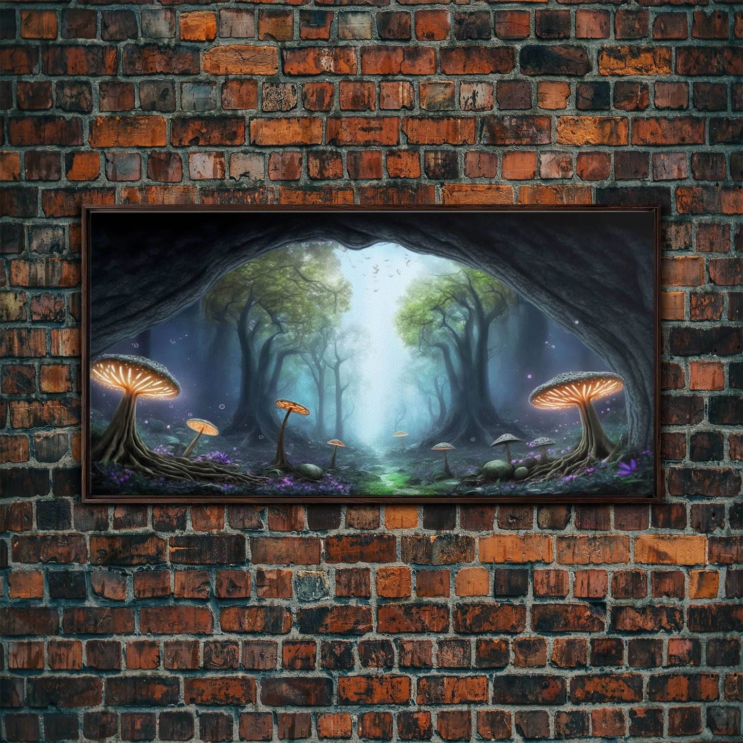 Magical Enchanted Mushroom Forest, Fantasy Art, Framed Canvas Print, Bioluminescent Butterflies in an Enchanted Forest, Glowing Art - 10x20 Inches / Walnut Frame