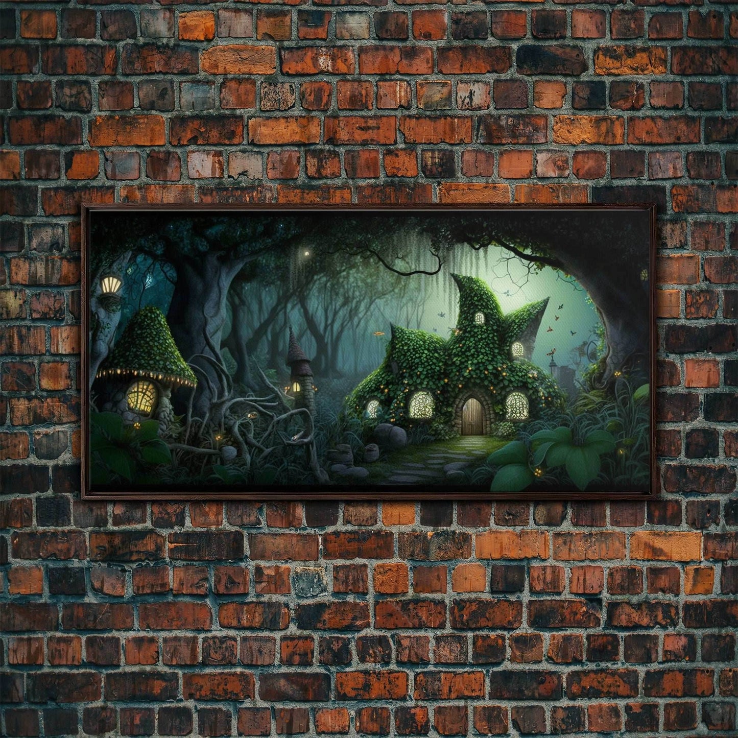 Gnome City, Wall Art, Fantasy Canvas Print, Framed Art, Tiny Gnome Houses On The Forest Floor - 10x20 Inches / Walnut Frame